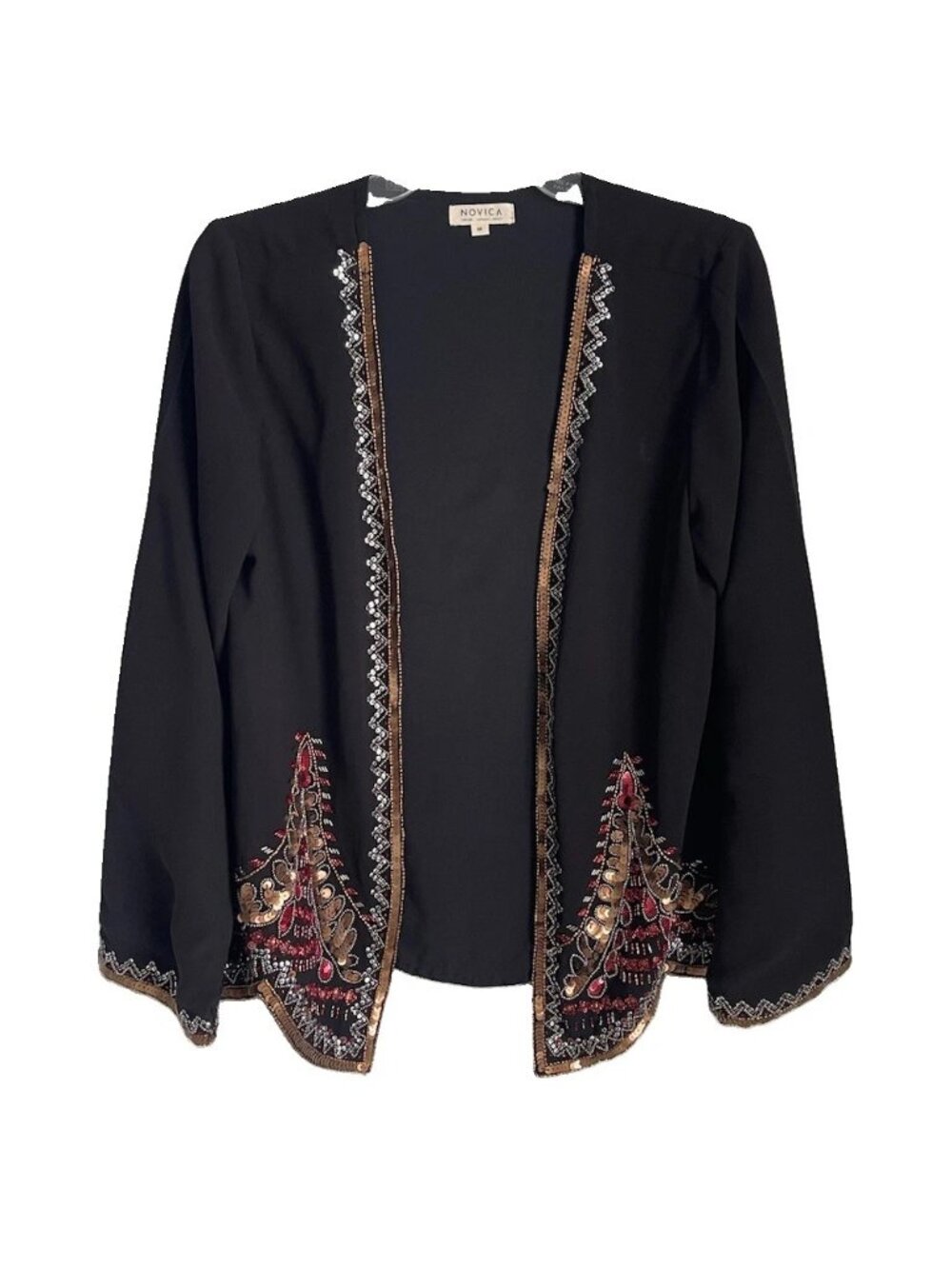 Novica Black Midnight Glitz Metallic Beads Sequins Open Front